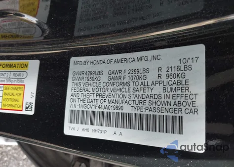 2018 Honda Accord Ex z USA, uszkodzony, nr VIN 1HGCV1F44JA019890